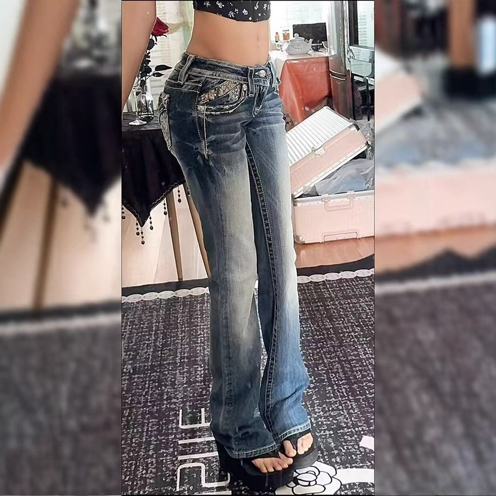 Women's plus Size Low Rise Distressed Washed Jeans Y2K Millennial Style Slim Fit Floor Length Casual Denim Pants_voghion.com