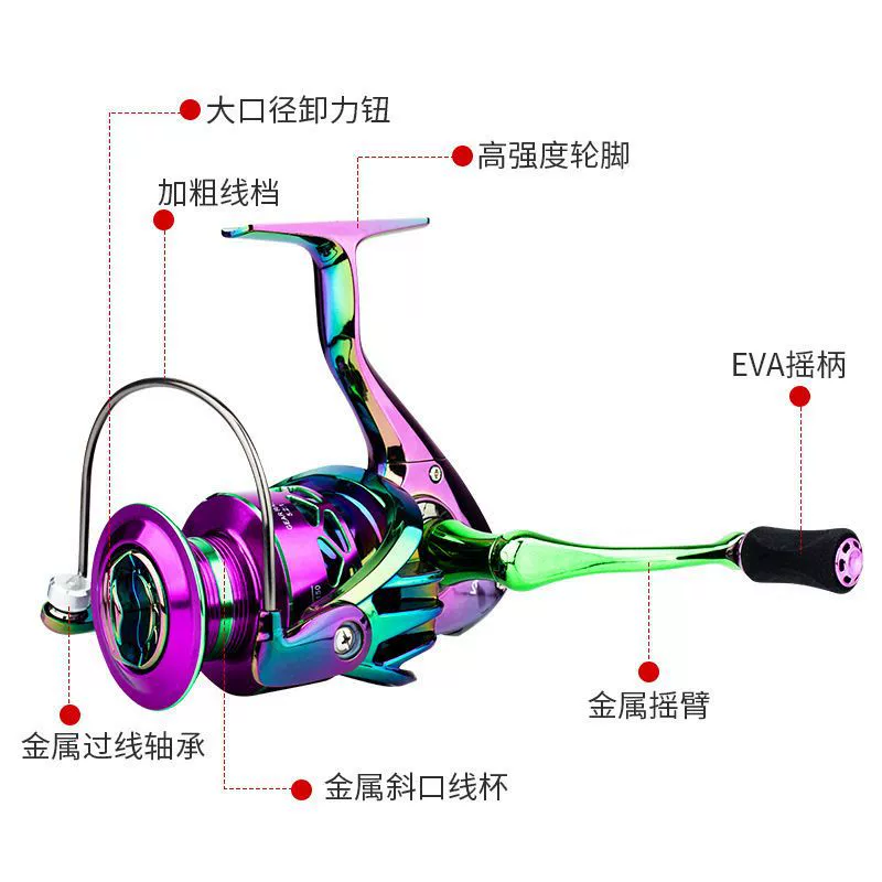 No gap metal colorful spinning wheel colorful sea rod road long throwing wheel micro object shallow line cup mouth black far throw