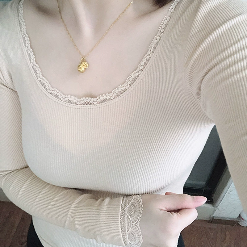 Маленькое кружевное тонкое термобелье с низким воротником Топ богини Облегающая Базовая рубашка с длинным рукавом Моделирующая фигура Брюшная красота Осенняя одежда