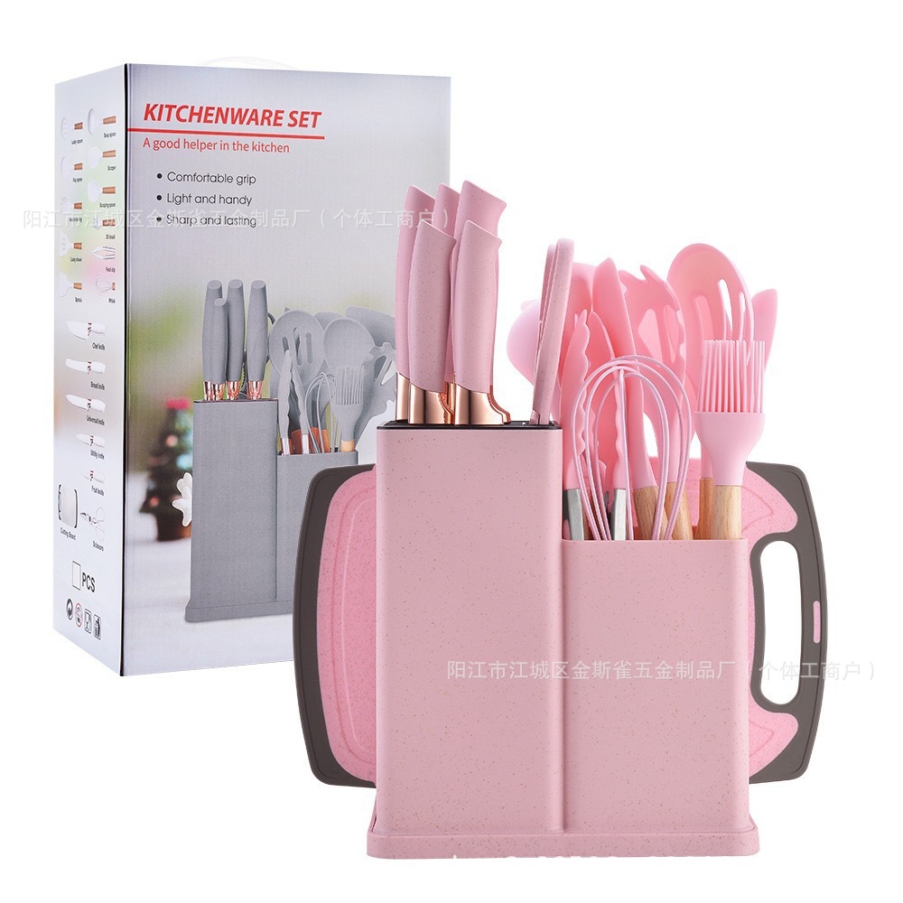 19 piezas de fábrica de cocina de silicona cocina antiadherente resistente a altas temperaturas con cuchillos de silicona con barril de almacenamiento