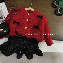 女童拜年服冬季新款儿童新年红色毛衣外套宝宝公主丝绒裙子潮外贸