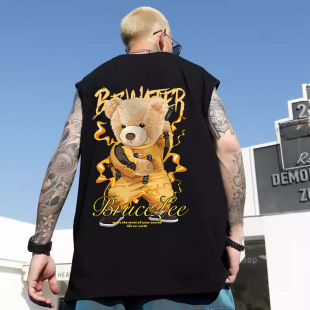 American Style Vest Men's Little Bear Summer Thin Sports Waistband plus size Chubby Fashionable Brand Loose Wide Shoulder Sleeveless T-shirt Fashionable