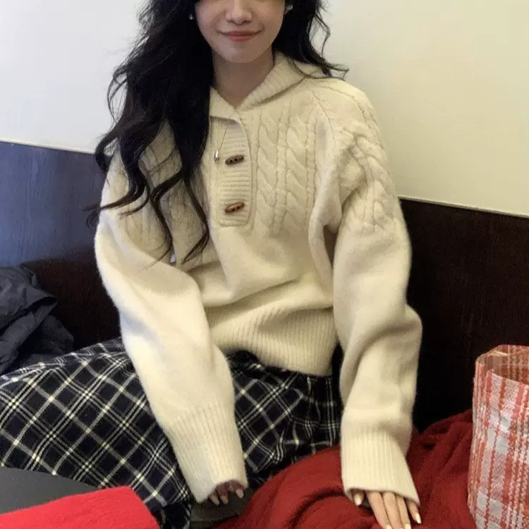 韩系温柔风秋冬连帽针织衫上衣女2024新款气质慵懒牛角扣麻花毛衣