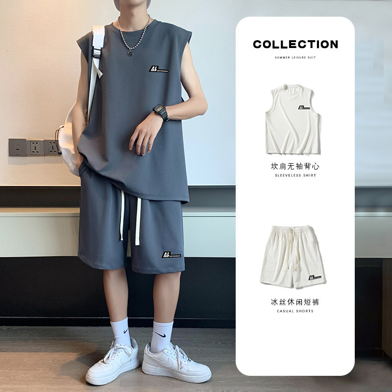 Sleeveless Sports Suit for Men, Vest and Shorts, Student Quick-Dry Ice Silk Set, Running Training Basketball Outfit, Trendy Sleeveless Sports Suit for Men, Vest and Shorts, Student Quick-Dry Ice Silk Set, Running Training Basketball Outfit, Trendy