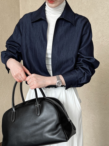 Luxi light mature long-sleeved V-neck shirt for women 2025 autumn new fashionable imitation denim overlap top 8696