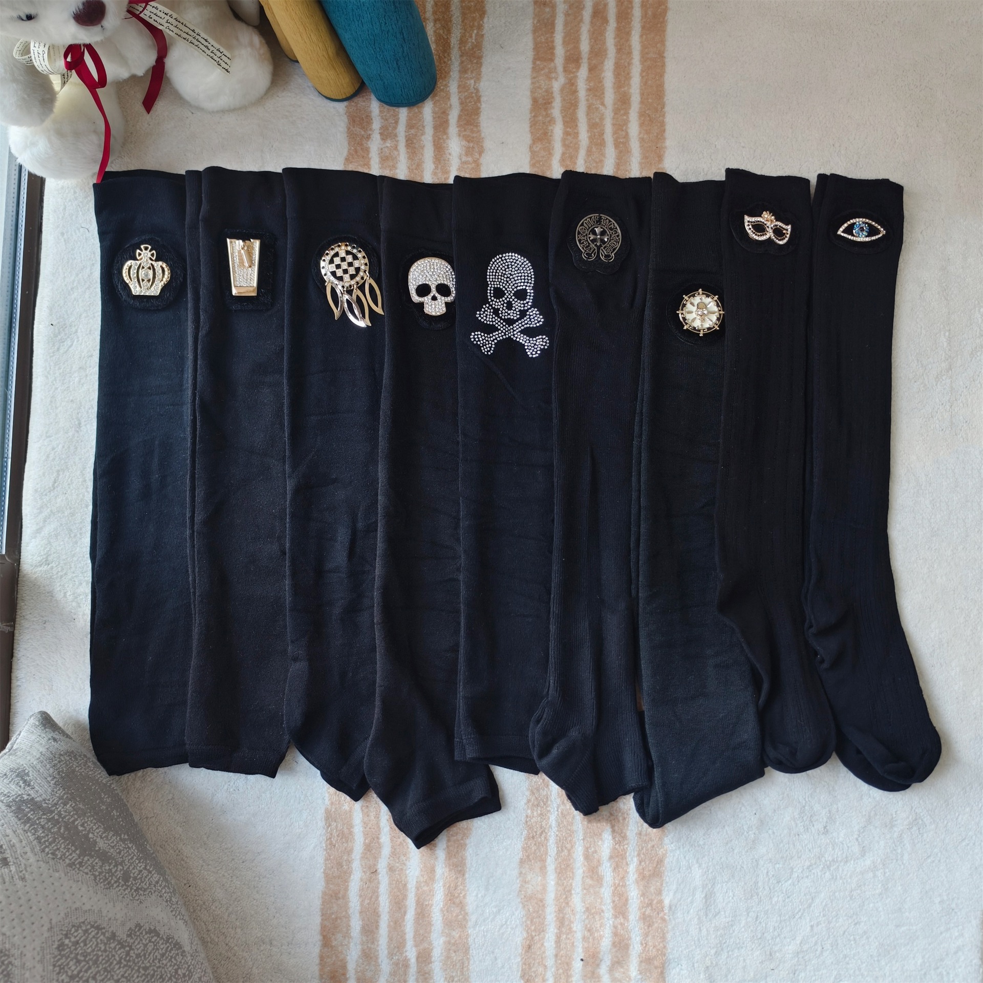 清仓秋冬甜美过膝踩脚袜套金属饰品纯棉小腿袜保暖防寒护膝高筒袜