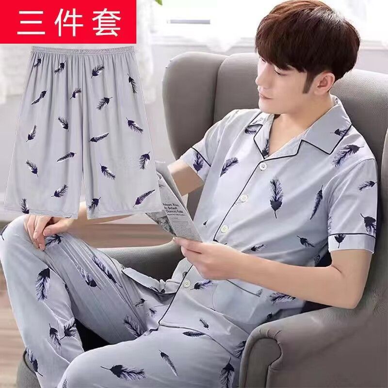 Pajamas de hombre de algodón de verano de tres piezas, pantalones largos de mangas cortas, ropa casera para hombres, set de tamaño grande delgado casual
