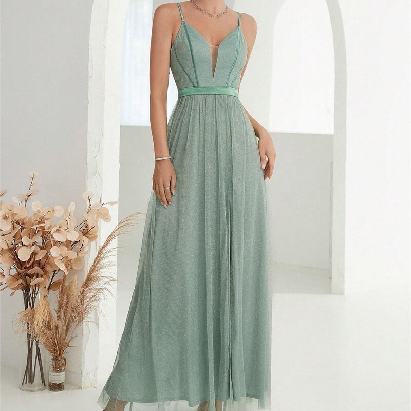 European and American Ebay Deep V Evening Dress Sexy Backless Mesh High Slit Elegant Long Dress Prom Dress Summer Skirt