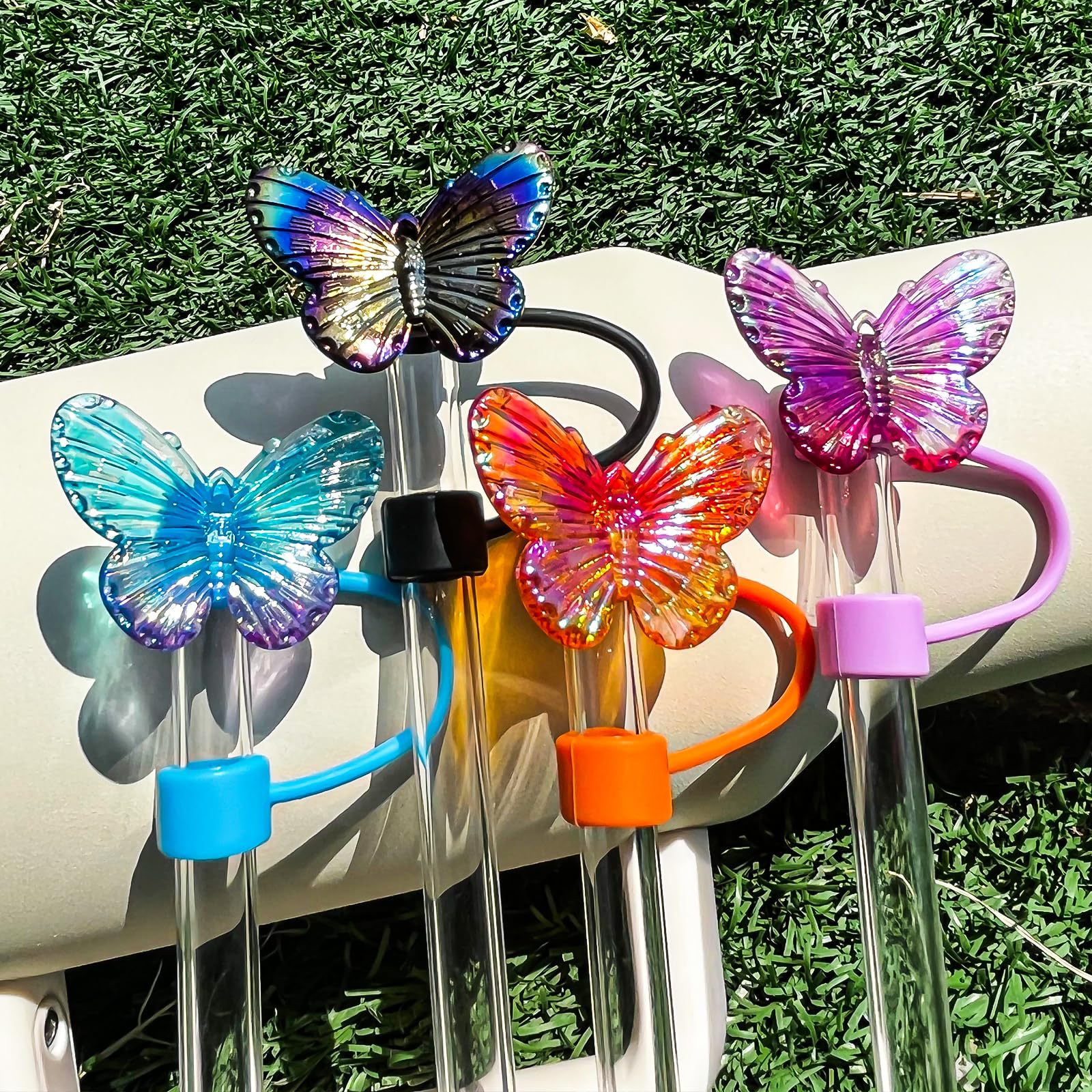 Nueva tapa de pajita de mariposa tapón de polvo color acrílico mágico cubierta de pajita de mariposa taza de agua cubierta de pajita decoración