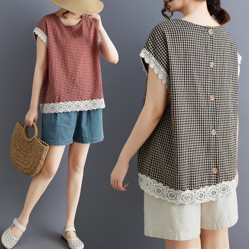 2026 Japanese and Korean Style Plaid Lace Patchwork Raglan Sleeve Top with Back Button Shirt for Women