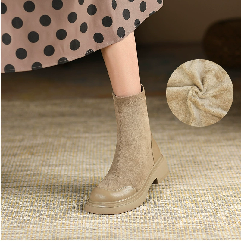 Шелковистые замшевые сапоги женские 2023, эластичные сапоги Martin в стиле ретро, укороченные женские сапоги на толстой подошве с круглым носком