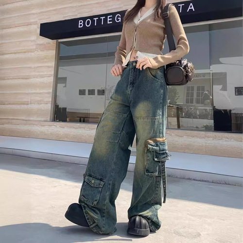 Cross-border American retro high street multi-pocket workwear jeans for women Y2K street straight leg wide-leg floor-length pants