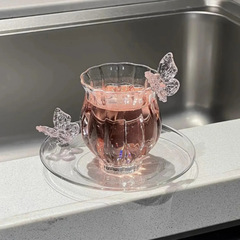高颜値ピンク蝶カップコーヒーミルク花カップ蓋ボウル水仙蓮品茗高ホウ素シリコン耐熱ガラス