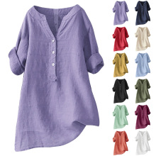 亚马逊2025夏季现货ebay速卖通欧美宽松净色衬衣棉麻无口袋女装