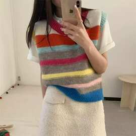 韩系宽松彩虹条纹毛衣坎肩撞色无袖针织背心马甲外穿衣