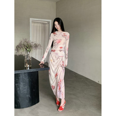 实拍现货晕染网纱上衣印花半身裙女不规则修身裙