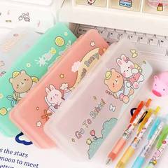 Minimalist Plastic Double-Layer Stationery Box Large Capacity Children's Pencil Case Ins Sanding Transparent Pencil Case DIY Storage Box