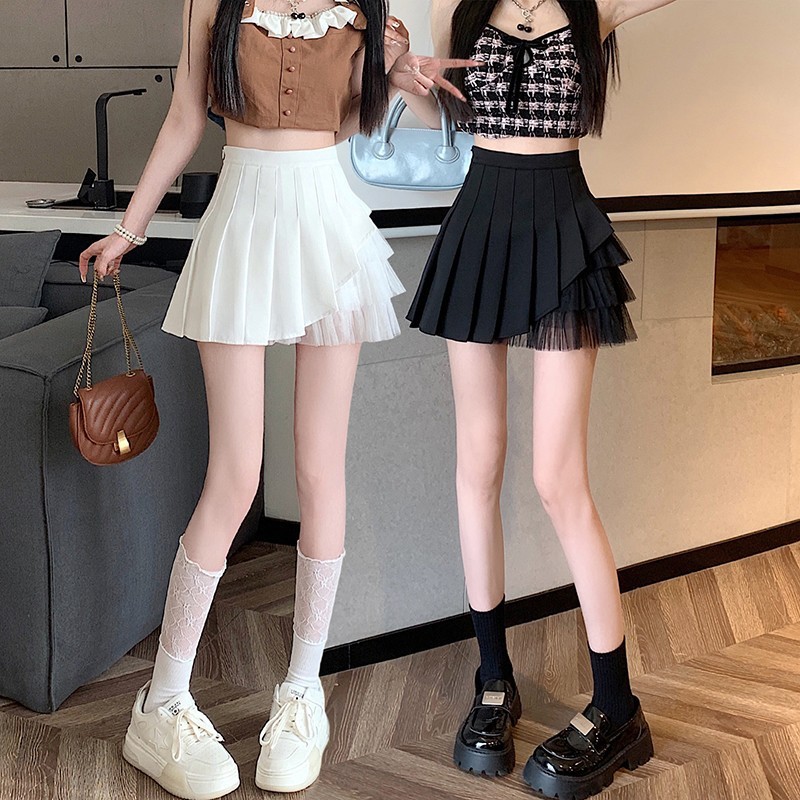 ファッションの網の紗の百のしわのスカートの女性の夏の新型のギャルの小さい人の小さい背の短いスカートの高い腰はやせているa字の半身のスカートを現します。|undefined