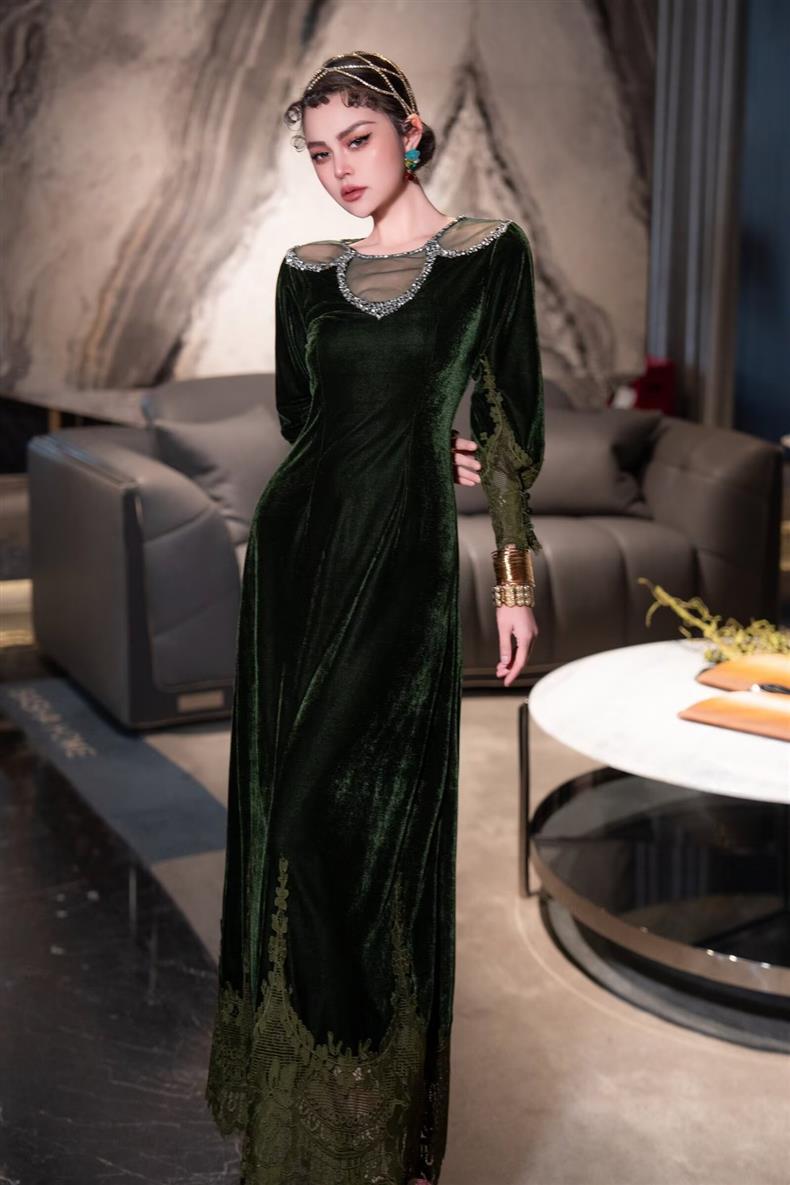 Spring New Women's Round Neck Lantern Long Sleeve Velvet Beaded Party  Dresses | eBay