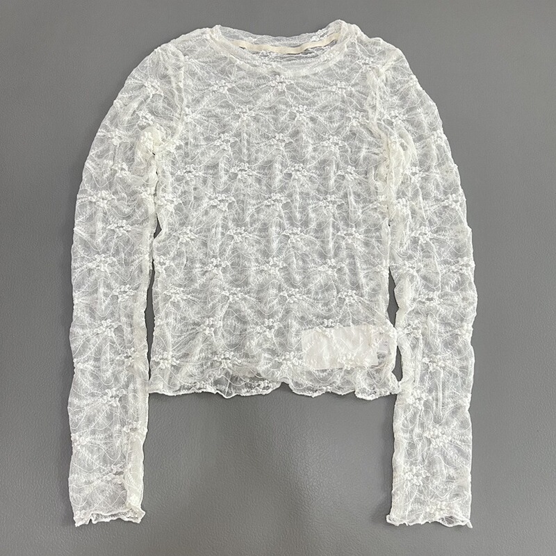Off-white lace shirt for women, long-sleeved, sheer mesh top, thin, suitable for layering, new autumn style, stretchy, fashionable base shirt