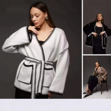 亚马逊跨境2025春季欧美新款系带撞色宽松中长款外贸针织开衫毛衣