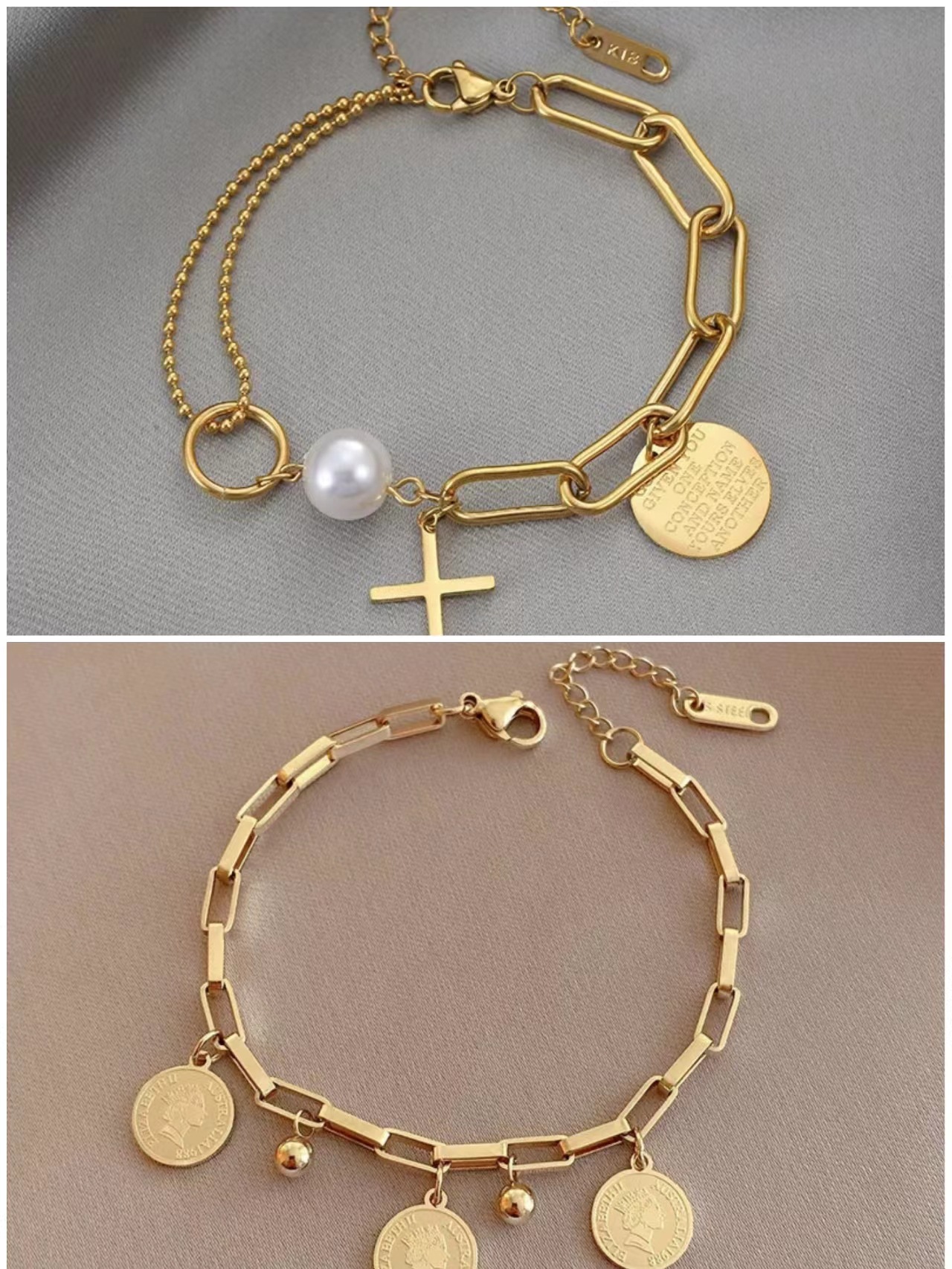 Retro Cross Round Titanium Steel Inlay Artificial Pearls Bracelets 1 Piece