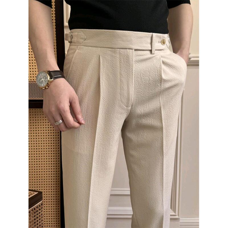 Seersucker Neapolitan Pants Men's Slim-Fit Casual Pants Summer Pants British Puff Handsome Pants