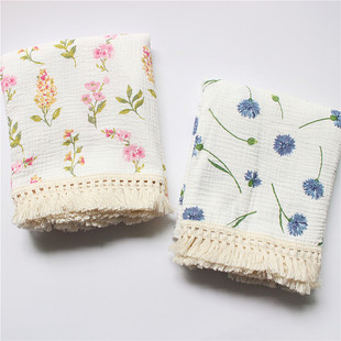 European and American Infant Cotton Muslin Printed Tassel Blanket Baby Gauze Wrap Kidsren's Blanket Bath Towel Soft