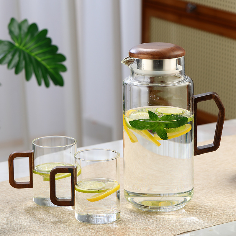 Botella de agua fría de vidrio, taza de agua, olla fría de madera de vidrio para el hogar, olla de té retro resistente al calor, taza de té, juego de agua image 10