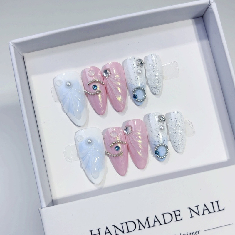 New Style Pure Handmade Almond-Shaped Nail Tips, Barbie Pink with Small Rhinestones and Pearls, High-End Fake Nails