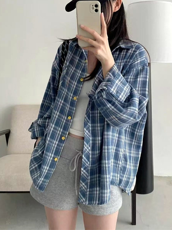 韩系复古蓝色格子衬衫女春秋慵懒风宽松叠穿衬衣长袖防晒上衣外套|undefined