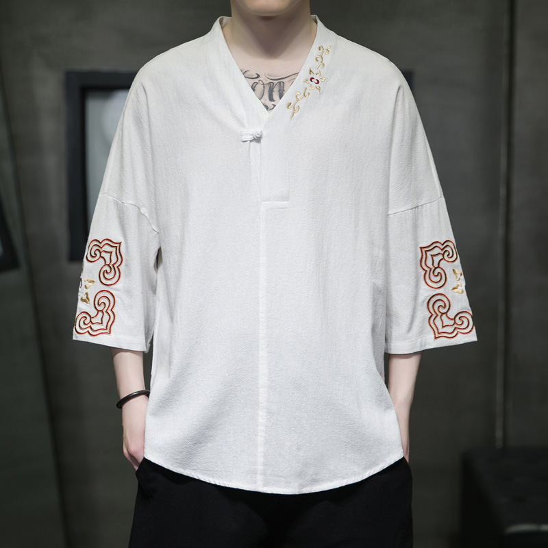 Chinese Style New Retro Embroidered V Neck Button T-Shirt Antique Style Three-Quarter Sleeves A087-1-Ym617-555 Control 65