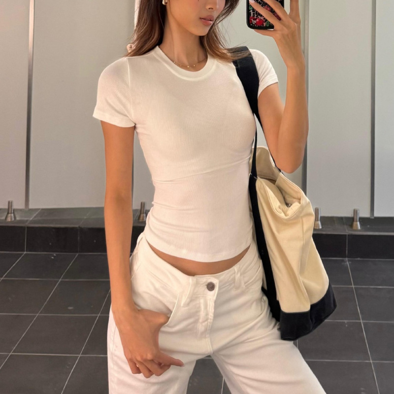 Yimengling Same Style Waist-Cinching Hourglass Round Neck Short-Sleeve Women's T-Shirt 26 Summer Solid Color Slim Fit Stretch High-Quality Cotton Tee