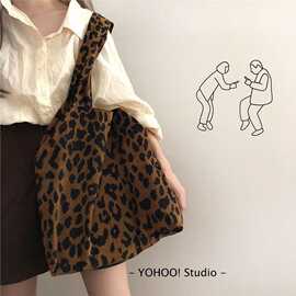 YOHOO!/ins秋冬大热豹纹chic韩系灯芯绒面呢单肩帆布包购物袋女