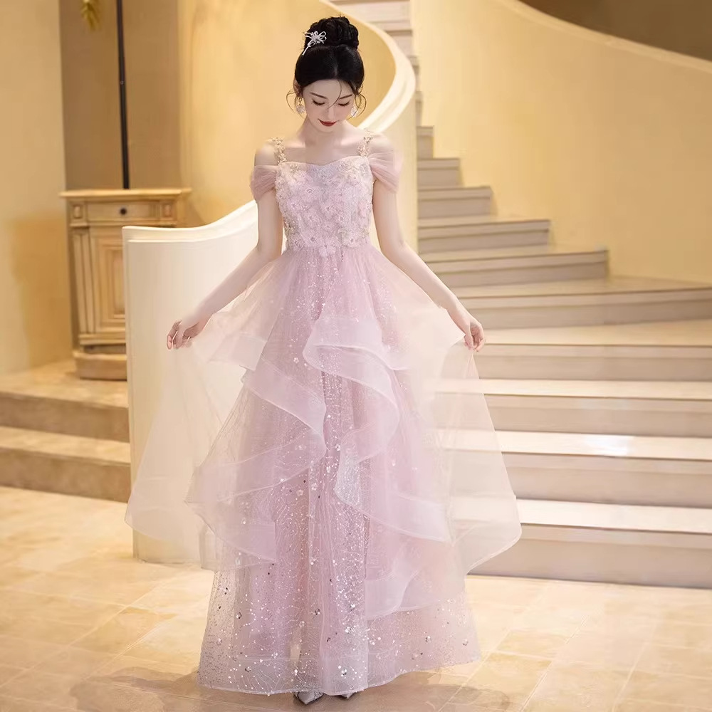 Elegant Pink Strapless French Evening Gown For Banquet, Engagement Party And Host Occasion_ecoleips.com