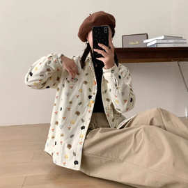 夹棉棉衣冬季新款卡通纽扣门襟上衣女清新印花翻领外套3296