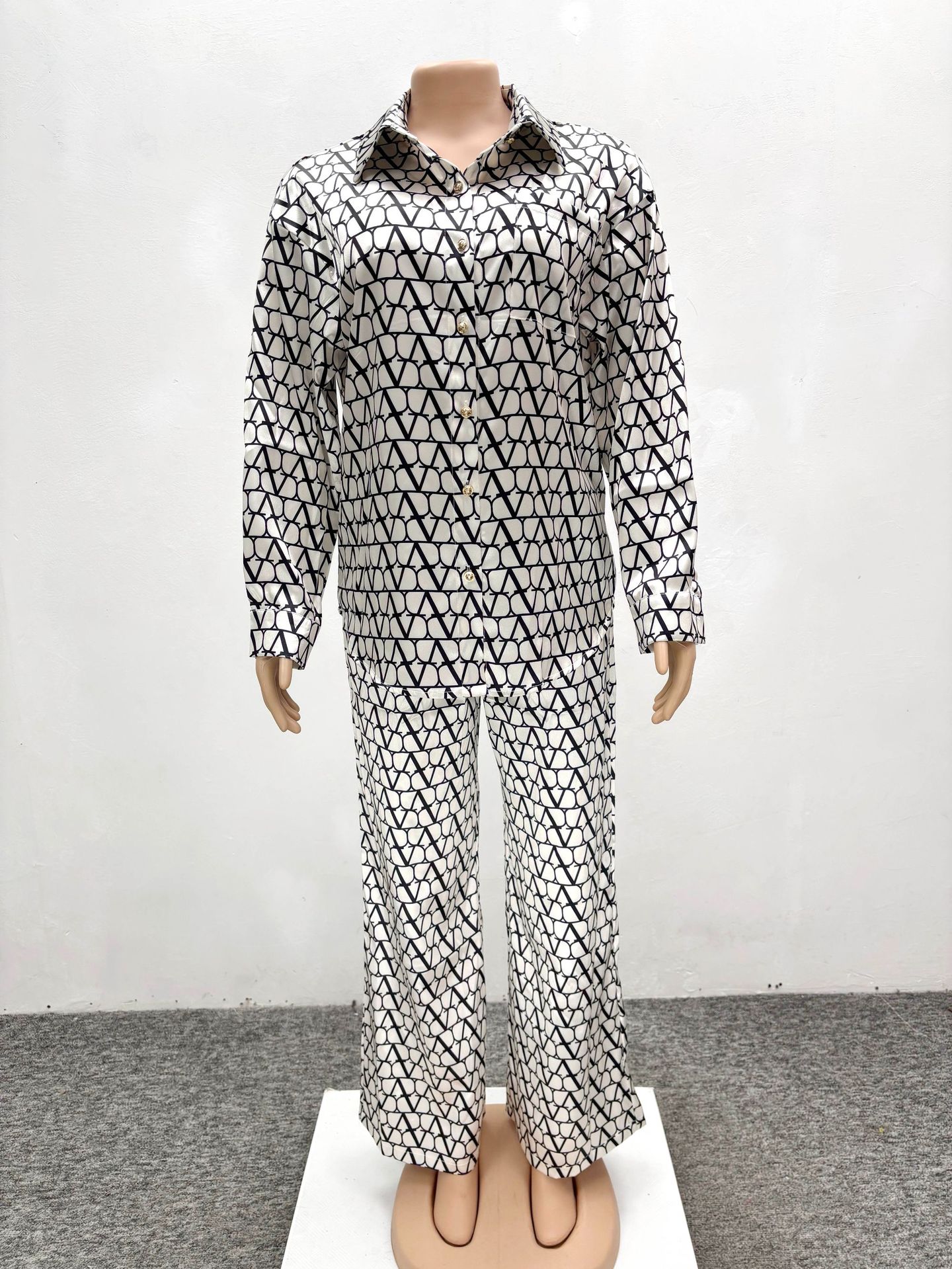 Printed Long Sleeved Shirt Wide Leg Trousers Two Piece Sets African Spring Autumn Women Wear