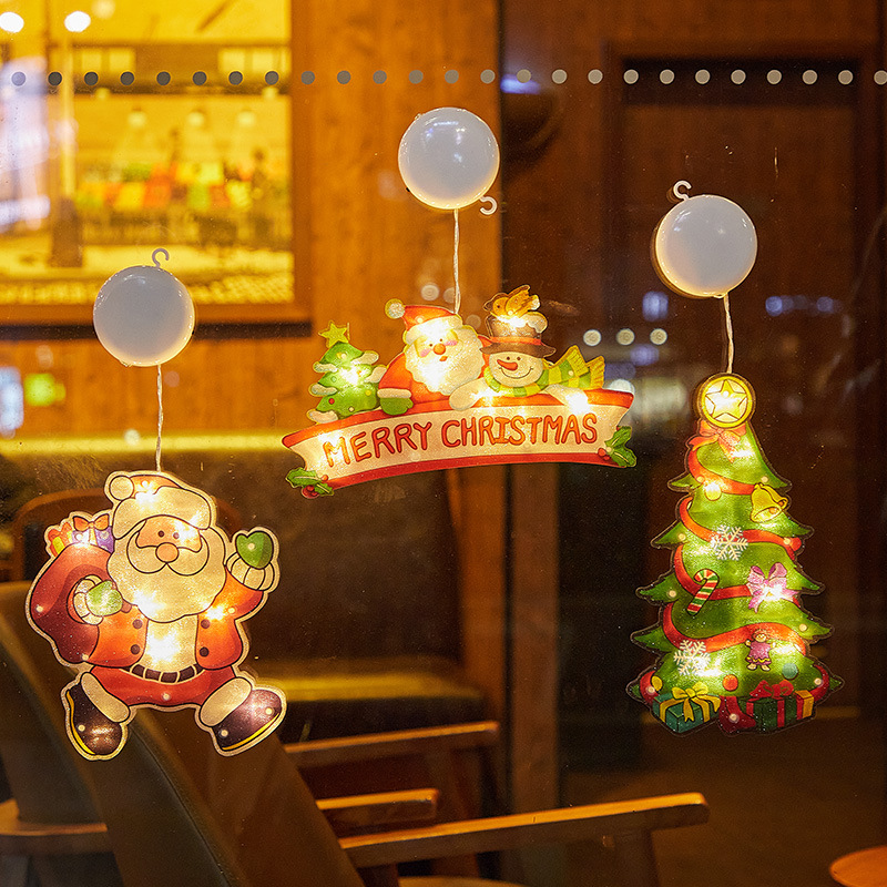 Luces de Navidad con Ventosa en Existencia de Fábrica, Decoración Navideña para Ventanas, Campanas, Colgantes de Papá Noel y Muñeco de Nieve, Luces LED