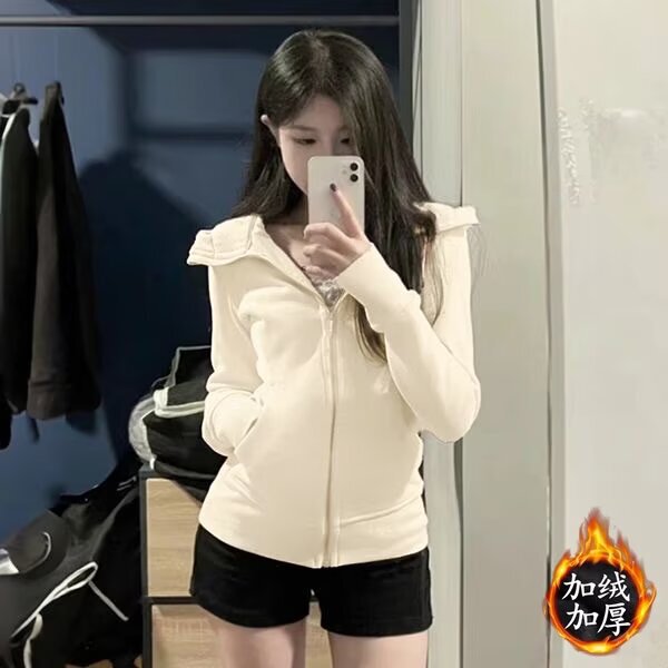 Light Gray American Sports Jacket for Women in Autumn and Winter Slimming Hooded Cardigan Hong Kong Style Sweatshirt Dopamine Versatile