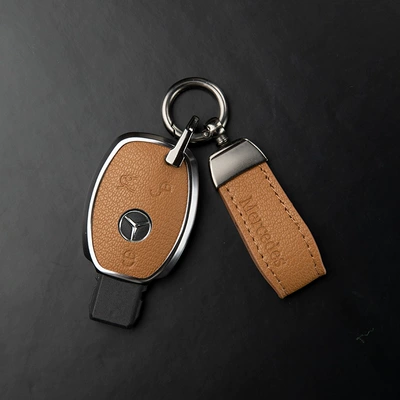 Glc, Gle, Glk. Made of Genuine: Car key bag - mercedes-benz-c-class-3-button-key-fob-original-emblem-pendant-gold-brown