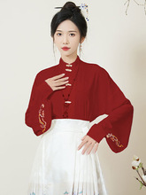 配马面裙的衬衫女长袖国风立领对襟琵琶袖衬衫新中式汉服红色上衣