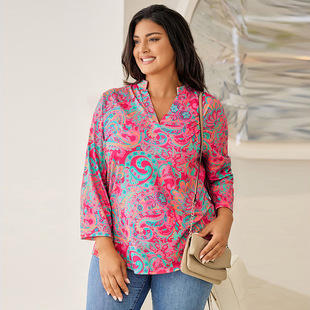 European and American plus size loose meat-covering chiffon shirt women's autumn New paisley printed pullover v-neck long-sleeved top women