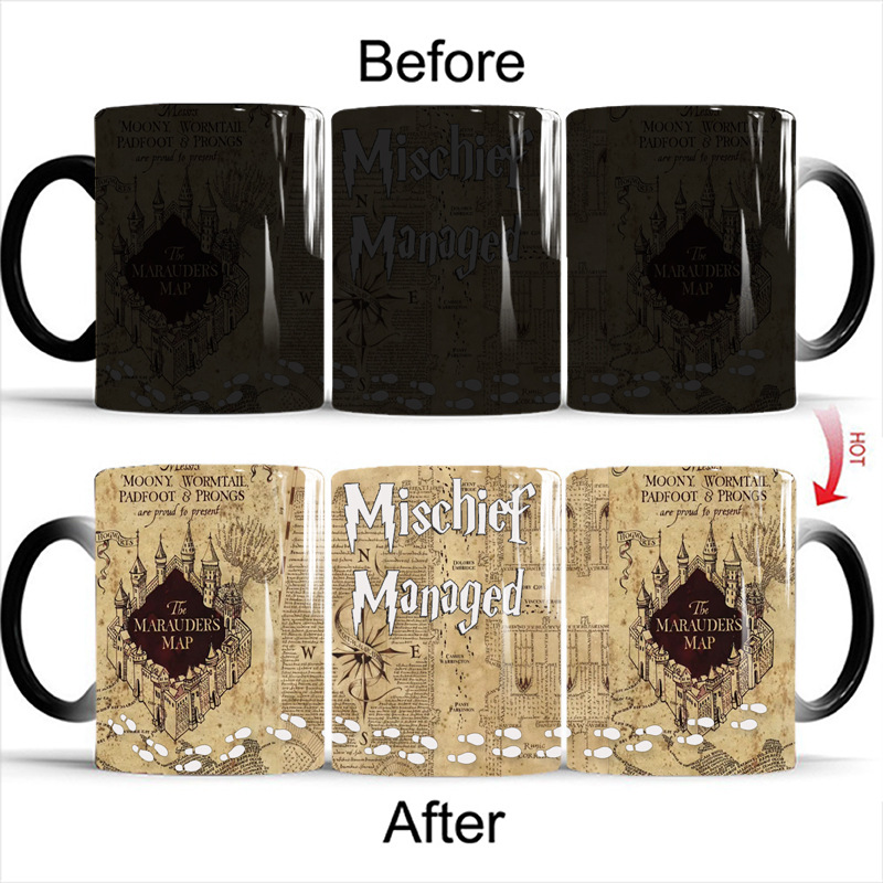 Harry Potter Live Mapa de color cambiante taza de dibujos animados película y televisión periférico de estilo europeo de cerámica simple oficina sensible a la temperatura