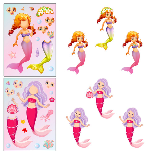 6 pieces/pack Mermaid Face Change Stickers Mermaid Princess Cartoon Parent-Child Interactive Diary DIY Puzzle Stickers