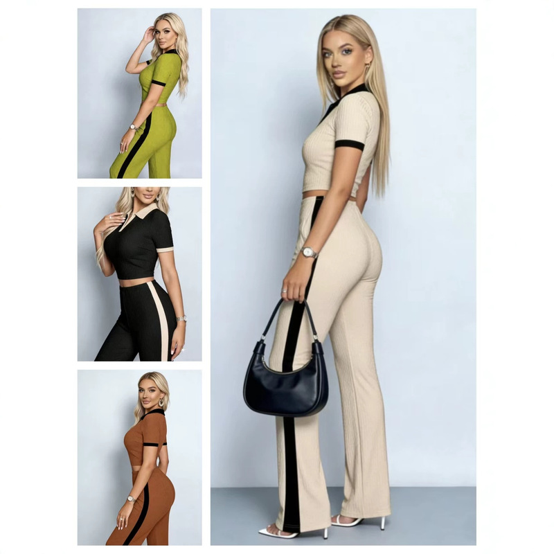 2026 Polo Collar Color-Block Two-Piece Set Ribbed Knit Short Top High-Waisted Wide-Leg Pants Set Summer Outfit 2026 Polo Collar Color-Block Two-Piece Set Ribbed Knit Short Top High-Waisted Wide-Leg Pants Set Summer Outfit