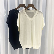 BC风女装新款简约舒适BC珠链真丝羊毛衫v领宽松针织衫短袖上衣女