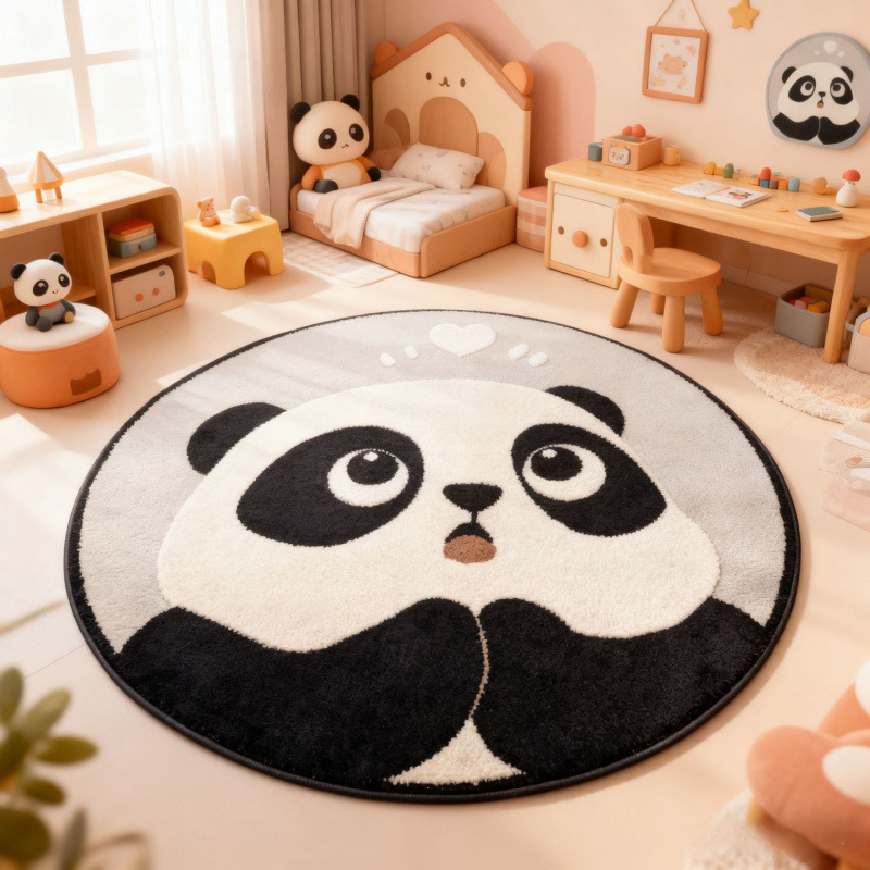 Round Cute Panda Kidsren's Room Bedroom Bedside Blanket Imitation Cashmere Carpet Winter Plush Reading Area Cooling Foot Mat