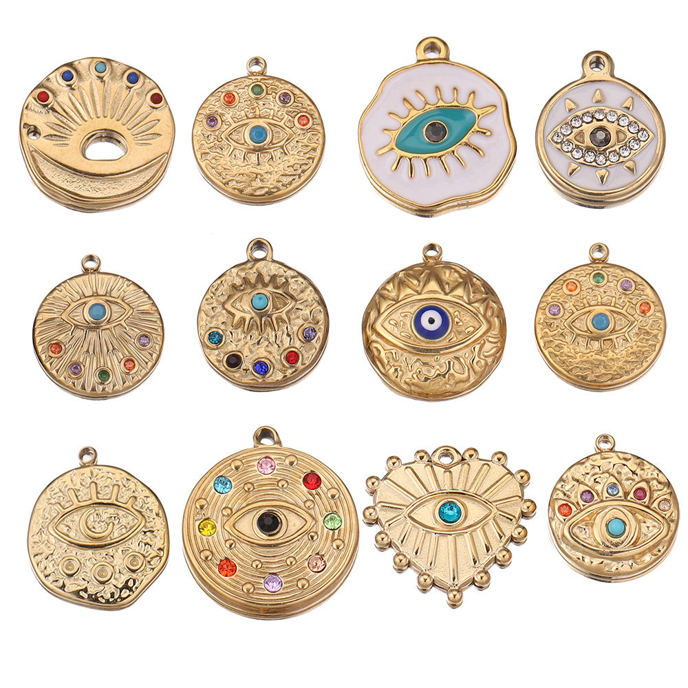 Pendant Jewelry Making Type Real Gold Plated Plating Material 5 PCS/Package Stainless Steel Zircon PVD Coated Real Gold Plated Devil's Eye Pendant DIY Jewelry Accessories