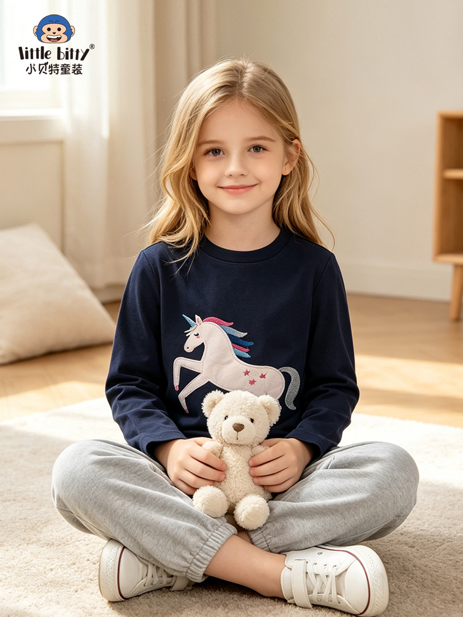 European and American 2026 children's autumn long-sleeve T-shirt with cute unicorn embroidery, round-neck girls' top, base shirt, children's clothing