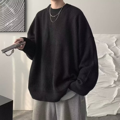 Round Neck Solid Color Men's Autumn/Winter Loose Korean Style Thick Wool Sweater Casual Personality Base Knit Top for Men